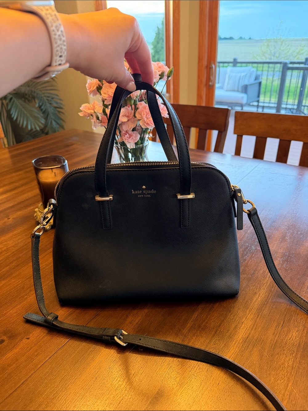 kate spade Black Leather Dome Satchel with Detachable Strap